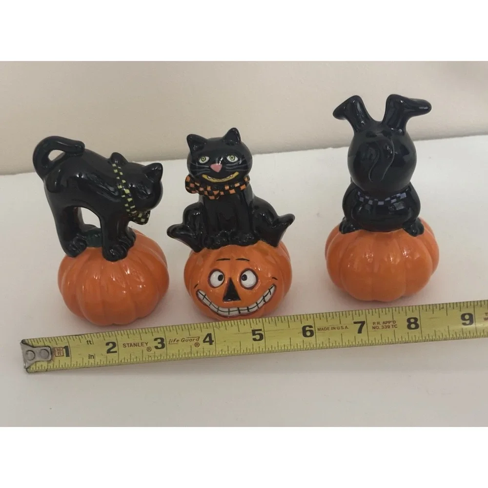 Trio of Ceramic Halloween Cat On Pumpkin Figurines Vintage Inspired Spooky
